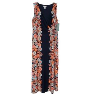 London Times Maxi Sleeveless Floral Jersey Dress, Navy & Pink, Size IX